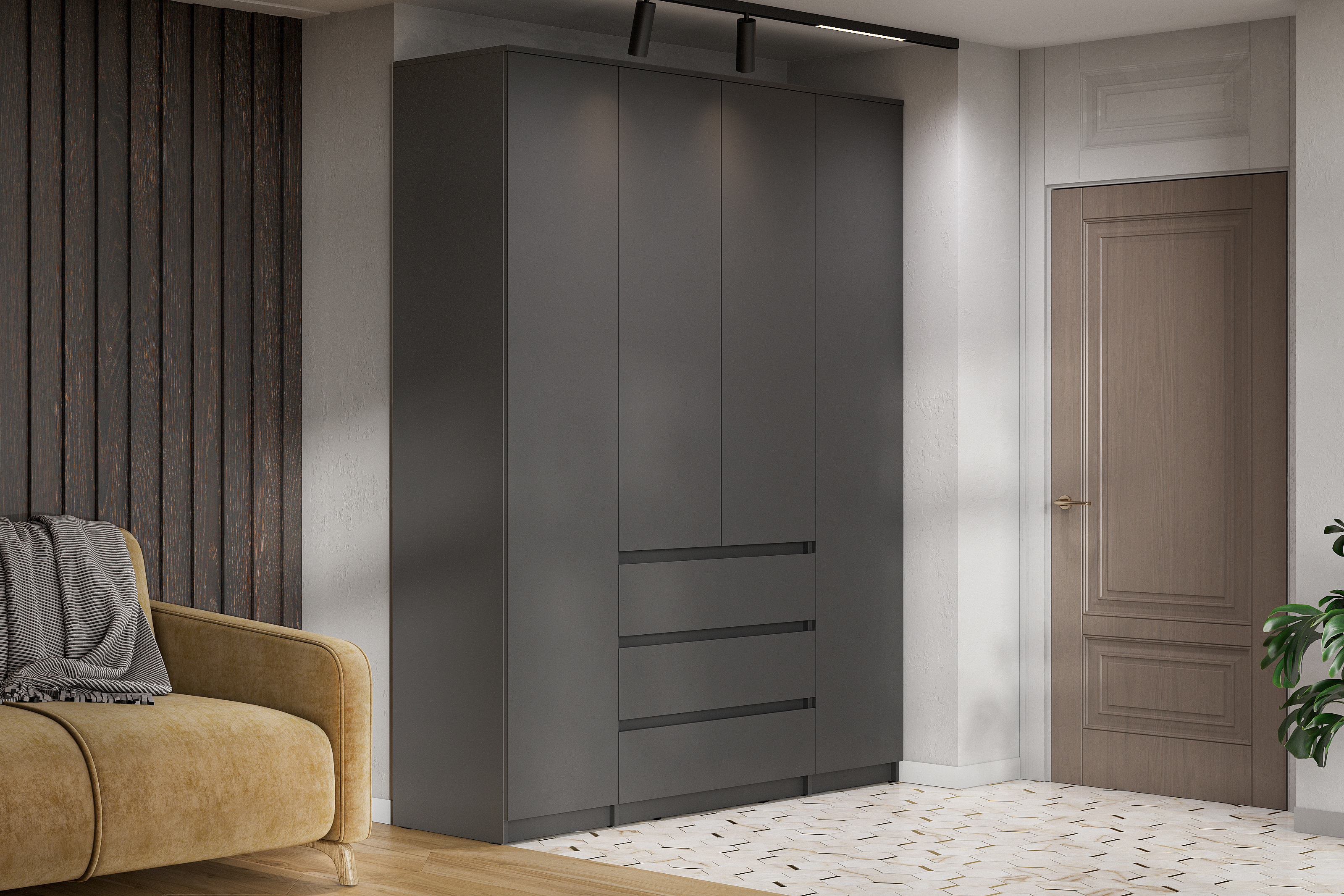 Шкаф для одежды и белья 4х дверный Денвер, графит