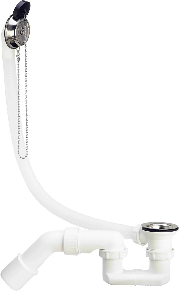 311537 Слив-перелив для стандартных ванн с цепочкой и пробкой (розетка нерж. сталь), с сифоном, 40/50, пластик