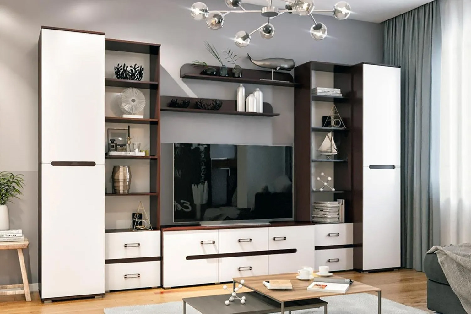 Гостиная Ким Вариант №2, Белый глянец холодный, Венге