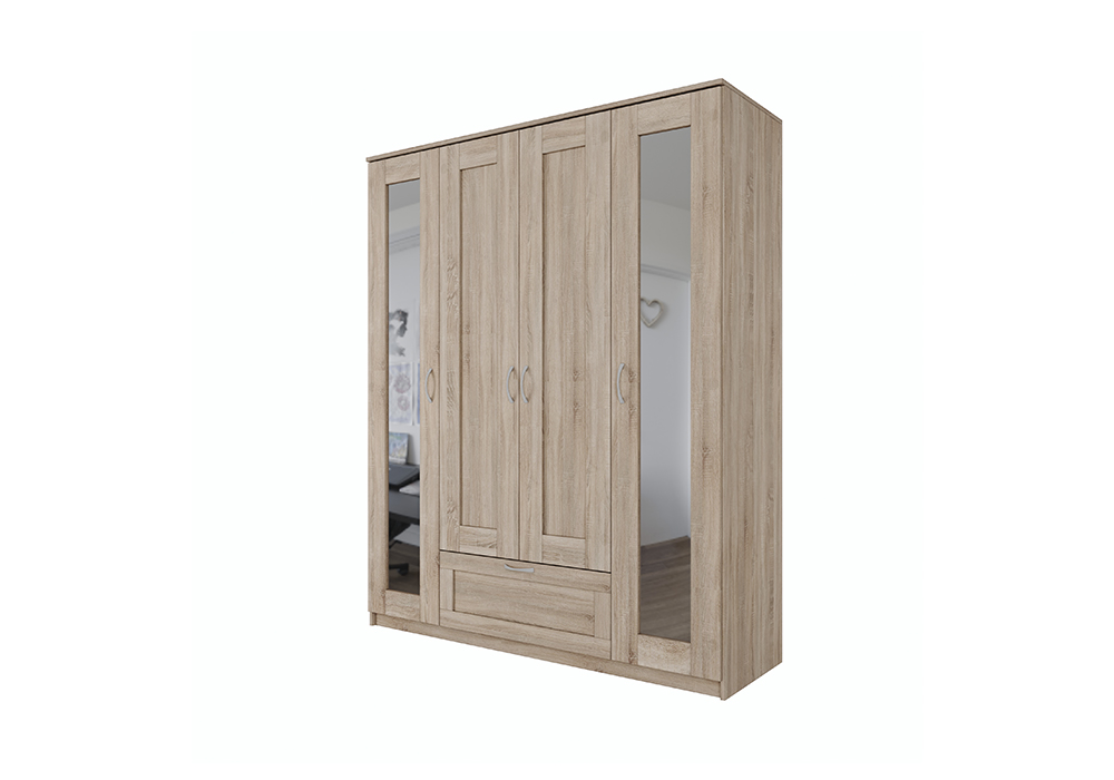 Шкаф четырехстворчатый Сириус дуб сонома с одним ящиком и двумя зеркалами