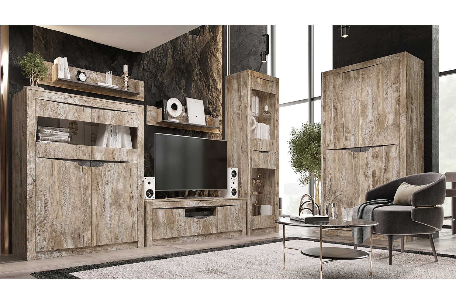 Полка Ривьера, Дуб Юкон, Бетон темный