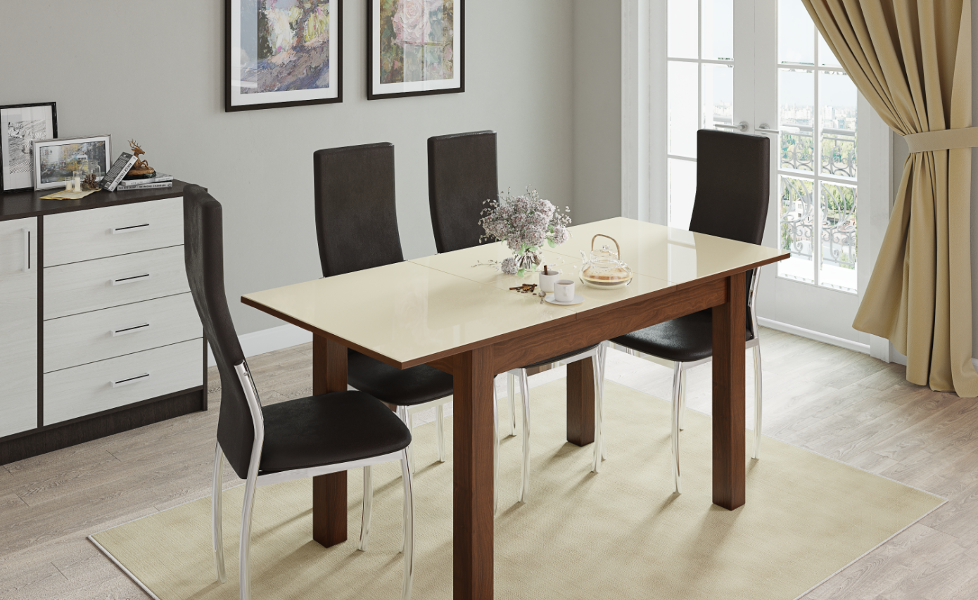 Стол обеденный раскладной Бруно 70, орех/лакобель ваниль