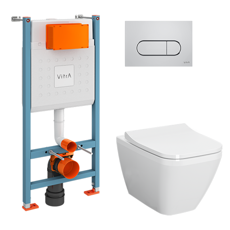 9856B003-7207 Комплект: Integra Square подвесной Безободковый унитаз + тонкое сиденье МЛ/БС+ инсталляция + панель смыва хром глянец
