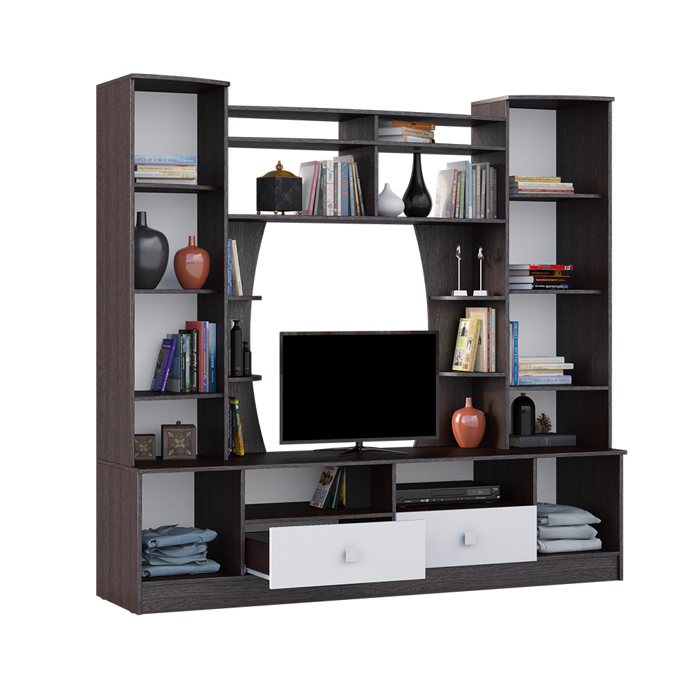 Стенка в гостиную Женева, Белый глянец холодный, Венге