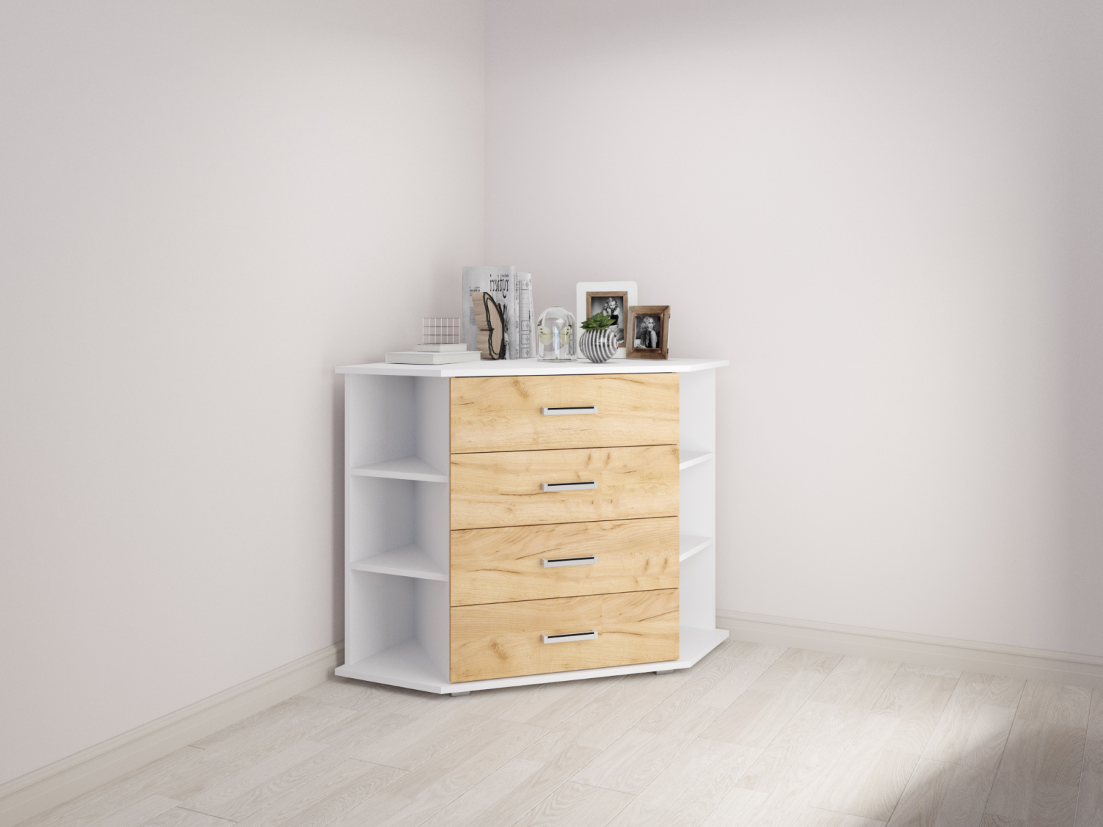 Комод угловой Катрин 7, дуб крафт золотой/белый