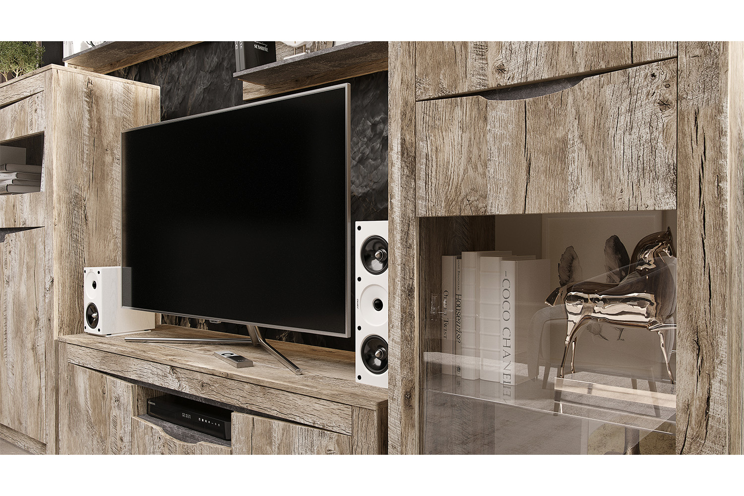 Пенал-стекло Ривьера, Дуб Юкон, Бетон темный