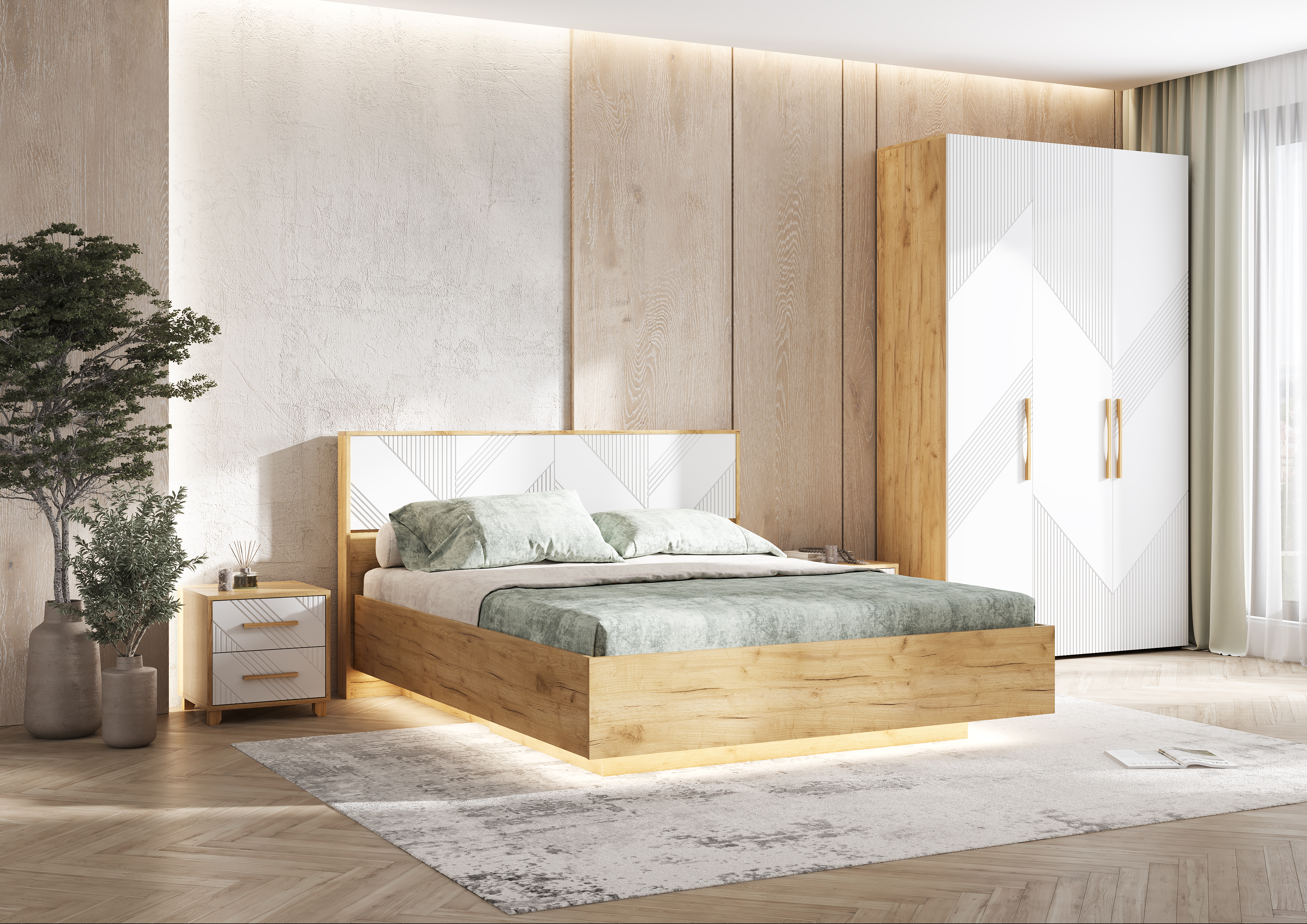 Кровать Ирис с подъемным механизмом 1,6м, Браш Вайт, Дуб Крафт